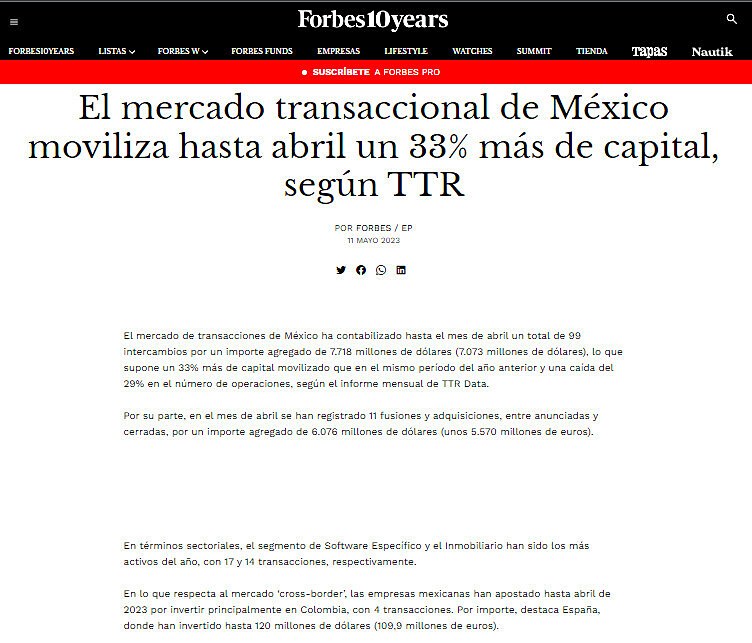 El mercado transaccional de Mxico moviliza hasta abril un 33% ms de capital, segn TTR